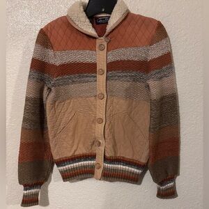 Vintage Striped Button-Up Jacket with Sherpa Collar